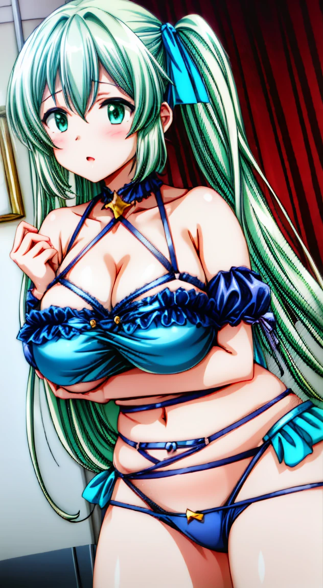 side tie panties,ribbon good, ribbon panties,lace bra, lace panties,twin tails,blush, full-face blush,masterpiece, highest quality, (anime screencap:1.3),(shape), cute,(simple:1), (anime:1.2),Solo Sharp Focus, 1 girl, cleavage,looking at the viewer,, Are standing,room,bed,((pastel green underwear)),big breasts,beautiful bust,beautiful hips,