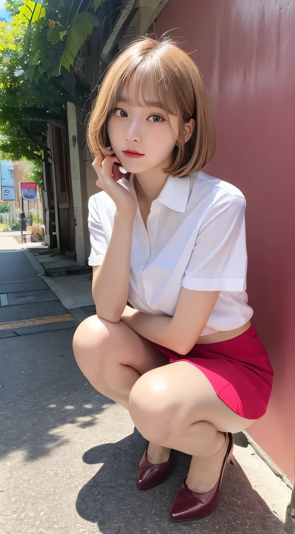 In detail,Full body photo、 High resolution, high quality、Perfect dynamic composition, Beautiful fine details, Blonde、Bobcut、Natural color lip,Kamimei、17-year-old girl、1 person、Clear Skin、White open front shirt、Red mini skirt、Thighs、Shiny Hair、最high quality, figure, Very detailed, In detail, High resolution, 8k、The correct state of the human body、squat、Sculpture model pose，Pink wall