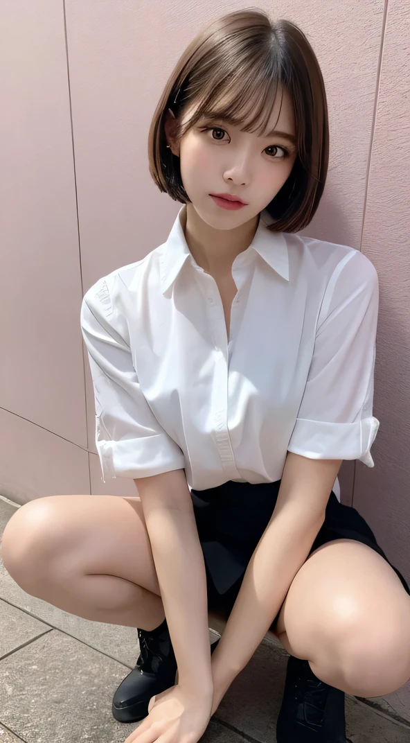 In detail,Full body photo、 High resolution, high quality、Perfect dynamic composition, Beautiful fine details, Blonde、Bobcut、Natural color lip,Kamimei、17-year-old girl、1 person、Clear Skin、White open front shirt、Red mini skirt、Thighs、Shiny Hair、最high quality, figure, Very detailed, In detail, High resolution, 8k、The correct state of the human body、squat、Sculpture model pose，Pink wall
