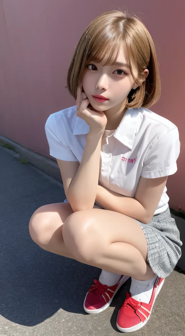 In detail,Full body photo、 High resolution, high quality、Perfect dynamic composition, Beautiful fine details, Blonde、Bobcut、Natural color lip,Kamimei、17-year-old girl、1 person、Clear Skin、White open front shirt、Red mini skirt、Thighs、Shiny Hair、最high quality, figure, Very detailed, In detail, High resolution, 8k、The correct state of the human body、squat、Sculpture model pose，Pink wall