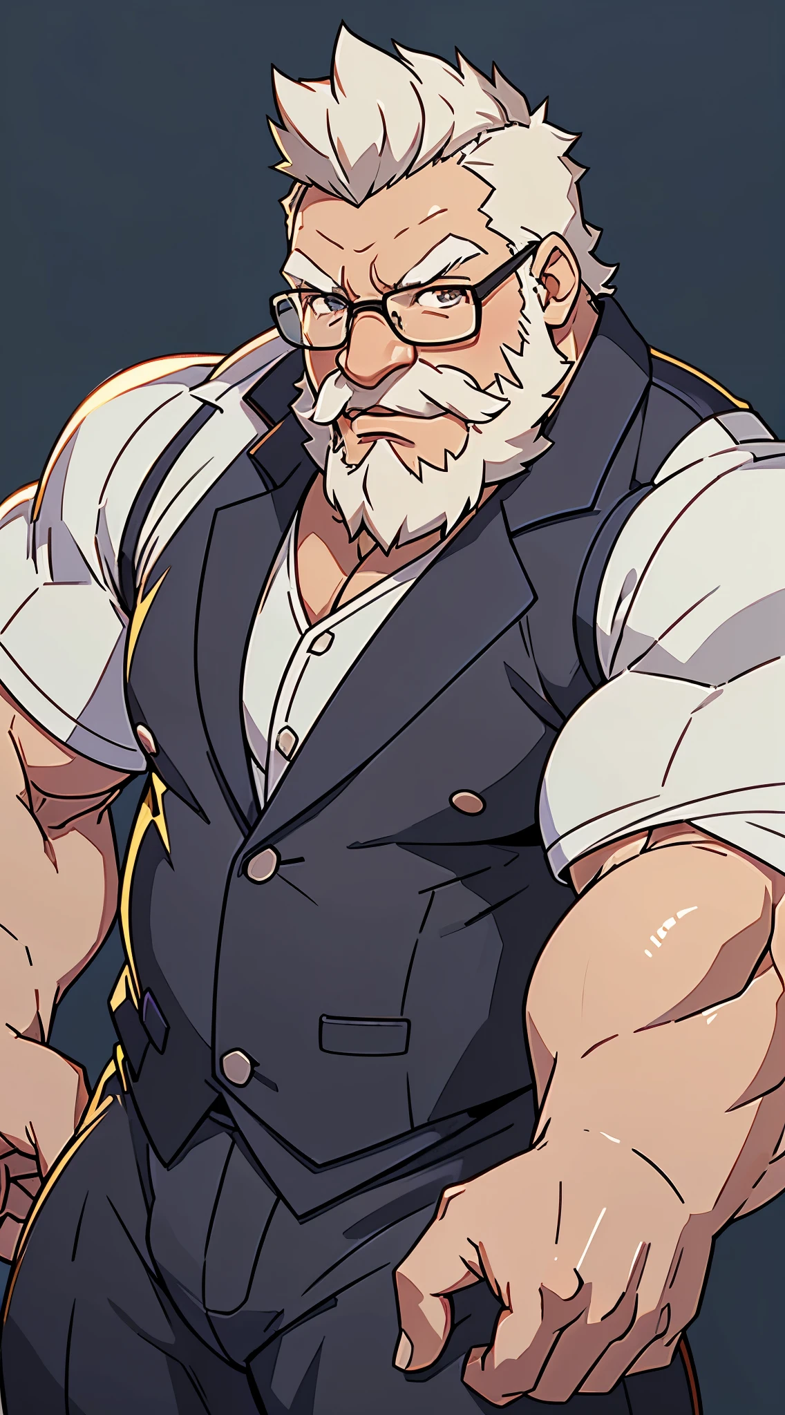 solo, 1boy, Huge Muscular Old man wearing suits and glasses, short white hair, bearded, mustache, office background, halfbody, looking to viewer, masterpiece, high detailed, 8k, high resolution