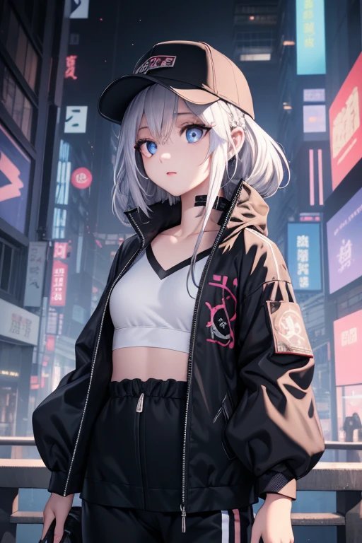 masterpiece, best quality, 4K, Ultra HD, Sanzhuang City, , Beautiful eyes and delicate face, illustration, Beautifully detailed, high resolution illustration, luminescent_White_particle, 1 Girl, White hair, Lilac eyes, hair covering one eye, short side details, Baseball cap,Expressionless, curtain, black jacket, Chest hanging, cyberpunk, technical clothing,(Impressionism:1.4)