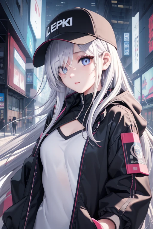 masterpiece, best quality, 4K, Ultra HD, Sanzhuang City, , Beautiful eyes and delicate face, illustration, Beautifully detailed, high resolution illustration, luminescent_White_particle, 1 Girl, White hair, Lilac eyes, hair covering one eye, short side details, Baseball cap,Expressionless, curtain, black jacket, Chest hanging, cyberpunk, technical clothing,(Impressionism:1.4)