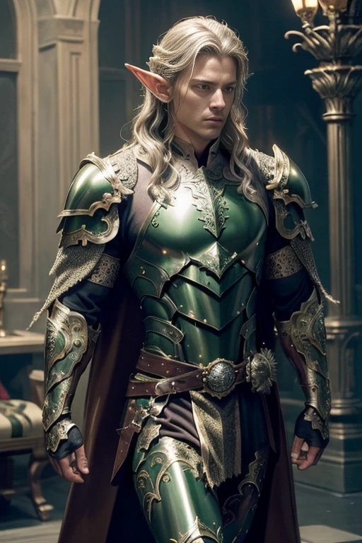 (master piece:1.5), (best quality:1.5), (exquisite lighting and shadow, highly dramatic picture, cinematic lens effect) (Photorealistic picture) highly detailed, realistic, cinematic lighting, studio quality, 8k, wallpaper, dynamic pose, anatomy correct, epic fantasy digital art, Epic composition, full body very gold hair pale Male elf swordsman wearing a brown leather armor, green intricate elaborated plate chest with silver leaf accents small shoulder green armor with silver leaf ornaments, brown leather gauntlets, no helmet, long brown cape, white castle at the distance