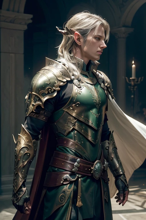 (master piece:1.5), (best quality:1.5), (exquisite lighting and shadow, highly dramatic picture, cinematic lens effect) (Photorealistic picture) highly detailed, realistic, cinematic lighting, studio quality, 8k, wallpaper, dynamic pose, anatomy correct, epic fantasy digital art, Epic composition, full body very gold hair pale Male elf swordsman wearing a brown leather armor, green intricate elaborated plate chest with silver leaf accents small shoulder green armor with silver leaf ornaments, brown leather gauntlets, no helmet, long brown cape, white castle at the distance