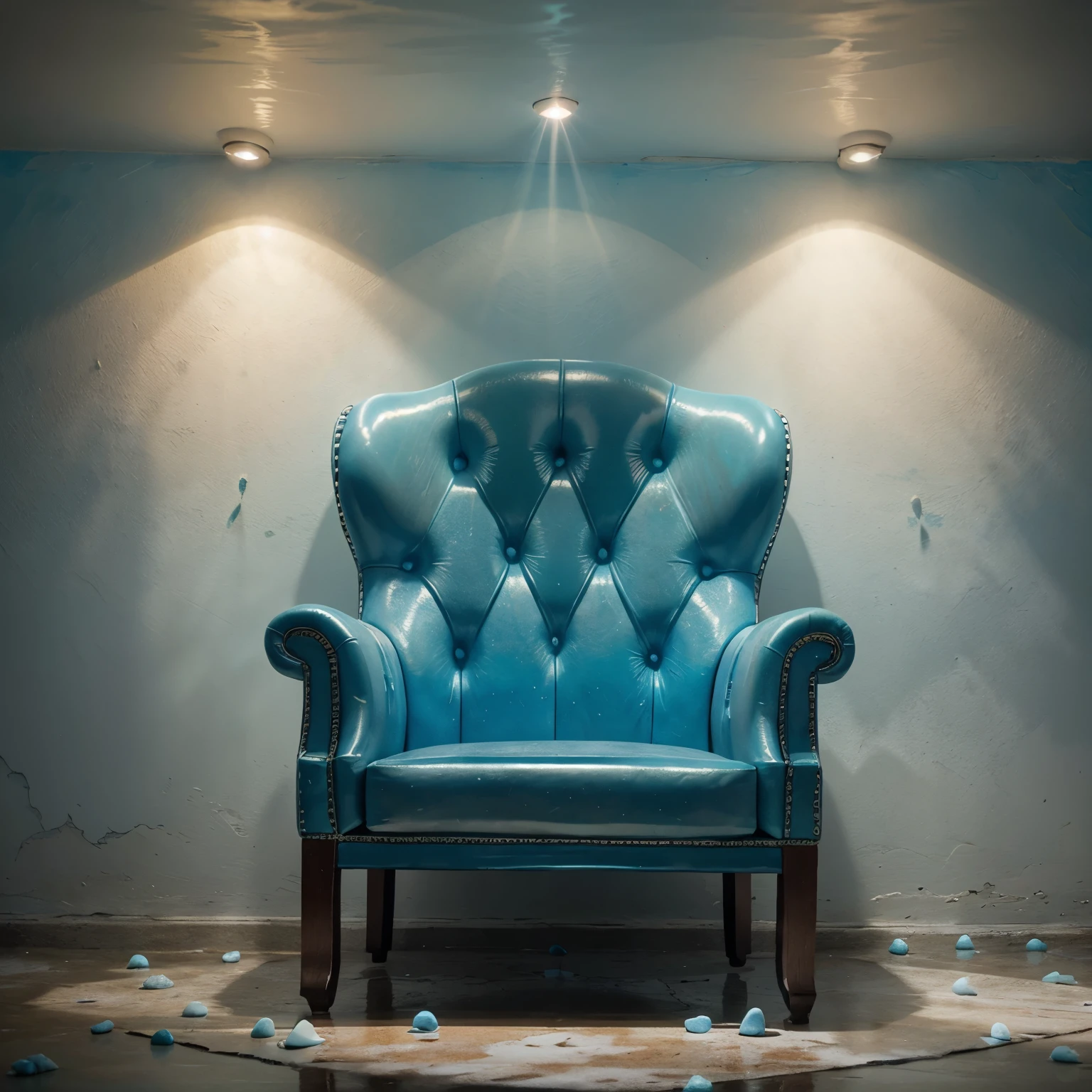You can see right under the light blue water. Three thin, deformed droplet creatures with glassy, milky eyes in a fantastic world on a dirty blue washed wall. The background consists of white pebbles. A red leather wing chair stands at the edge. Madly bizarre. Long curved. Bright patches of alcohol ink. Wet drops. Very dark. Haze Fog. Rays of sunlight. Cubism and papier-mâché. Photorealistic.