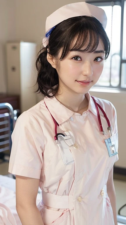 1 girl,(Wearing white nurse clothes:1.2),(RAW Photos, highest quality), (Realistic, photo-Realistic:1.4), masterpiece, Very delicate and beautiful, Very detailed, 2k wallpaper, wonderful, finely, Very detailed CG unity 8k wallpaper, Very detailed, High resolution, Soft Light, Beautiful detailed girl, Very detailed eyes and face, Beautiful and detailed nose, finely beautiful eyes, Perfect Anatomy, Black Hair, Upstyle, nurse uniform, ((nurse cap)), Long skirt, nurse, White costume, thin, hospital, clear, White Uniform, hospital room, Neck auscultation, ((Upper Body))