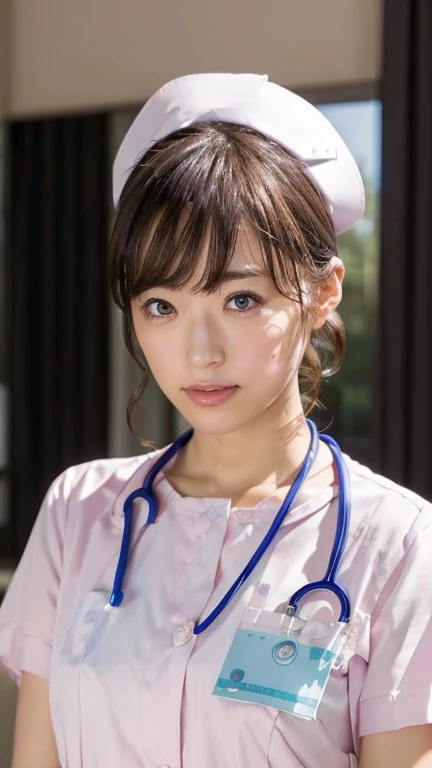 1 girl,(Wearing white nurse clothes:1.2),(RAW Photos, highest quality), (Realistic, photo-Realistic:1.4), masterpiece, Very delicate and beautiful, Very detailed, 2k wallpaper, wonderful, finely, Very detailed CG unity 8k wallpaper, Very detailed, High resolution, Soft Light, Beautiful detailed girl, Very detailed eyes and face, Beautiful and detailed nose, finely beautiful eyes, Perfect Anatomy, Black Hair, Upstyle, nurse uniform, ((nurse cap)), Long skirt, nurse, White costume, thin, hospital, clear, White Uniform, hospital room, Neck auscultation, ((Upper Body))