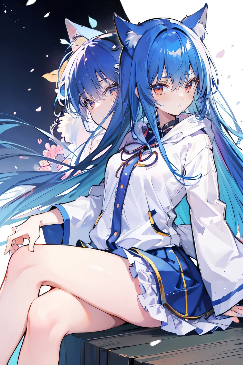 （masterpiece：1.2），Super detailed，lifelike，Expressive eyes，fair skin，perfect face shape，1 girl，
Japanese comics,Gorgeous blue hair,flowing blue hair,flowing clothes,Cat ears,Petals fall,beautiful lola,Baby Angel,sunrise,
Shaking head with one hand，Cross your legs，Gentle and peaceful background，The pavilion is cool and comfortable,smile, wearing hoodie, background of tokyo,back views,snowing, winter.
