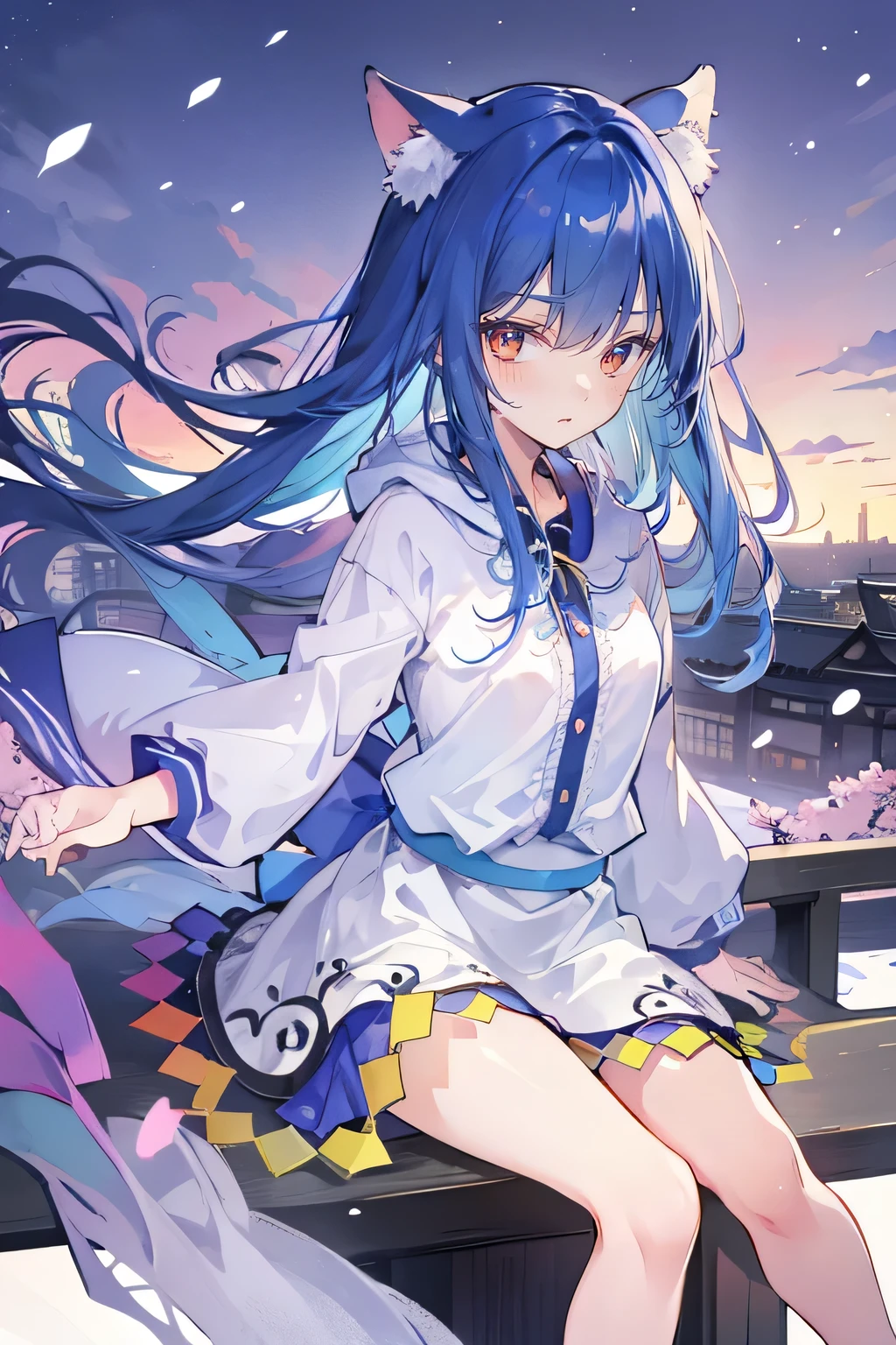 （masterpiece：1.2），Super detailed，lifelike，Expressive eyes，fair skin，perfect face shape，1 girl，
Japanese comics,Gorgeous blue hair,flowing blue hair,flowing clothes,Cat ears,Petals fall,beautiful lola,Baby Angel,sunrise,
Shaking head with one hand，Cross your legs，Gentle and peaceful background，The pavilion is cool and comfortable,smile, wearing hoodie, background of tokyo,back views,snowing, winter.