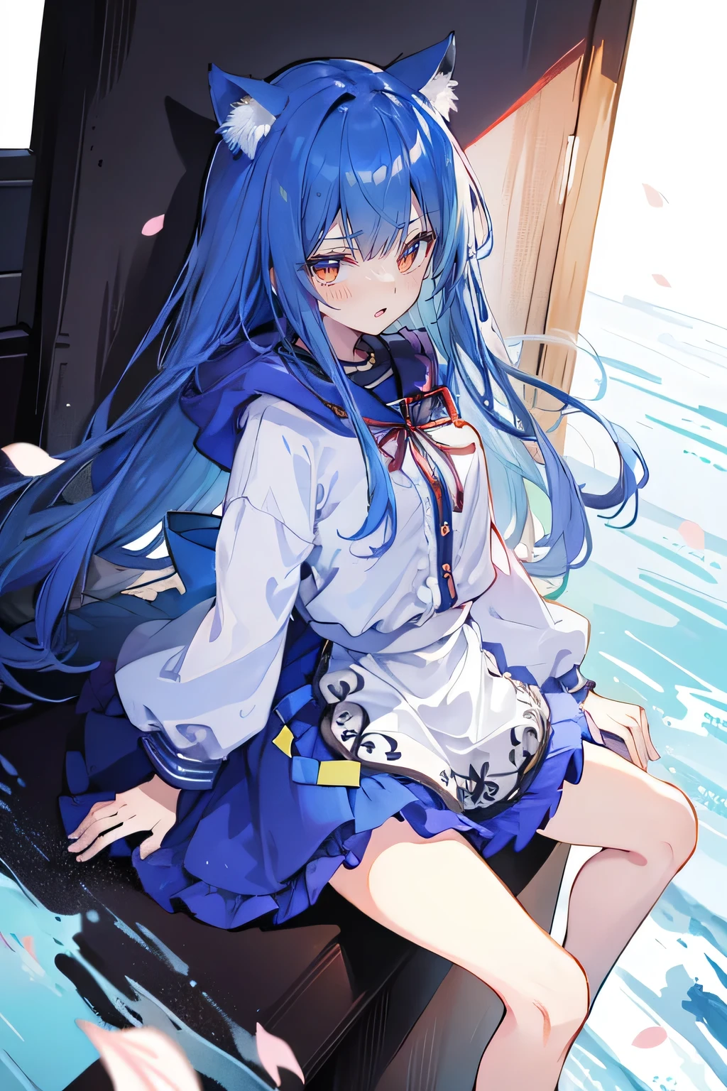 (masterpiece:1.2),Super detailed,lifelike,Expressive eyes,fair skin,perfect face shape,1 girl,
Japanese comics,Gorgeous blue hair,flowing blue hair,flowing clothes,Cat ears,Petals fall,beautiful lola,Baby Angel,sunrise,
Shaking head with one hand,Cross your legs,Gentle and peaceful background,The pavilion is cool and comfortable,smile, wearing hoodie, background of tokyo,back views,snowing, winter.