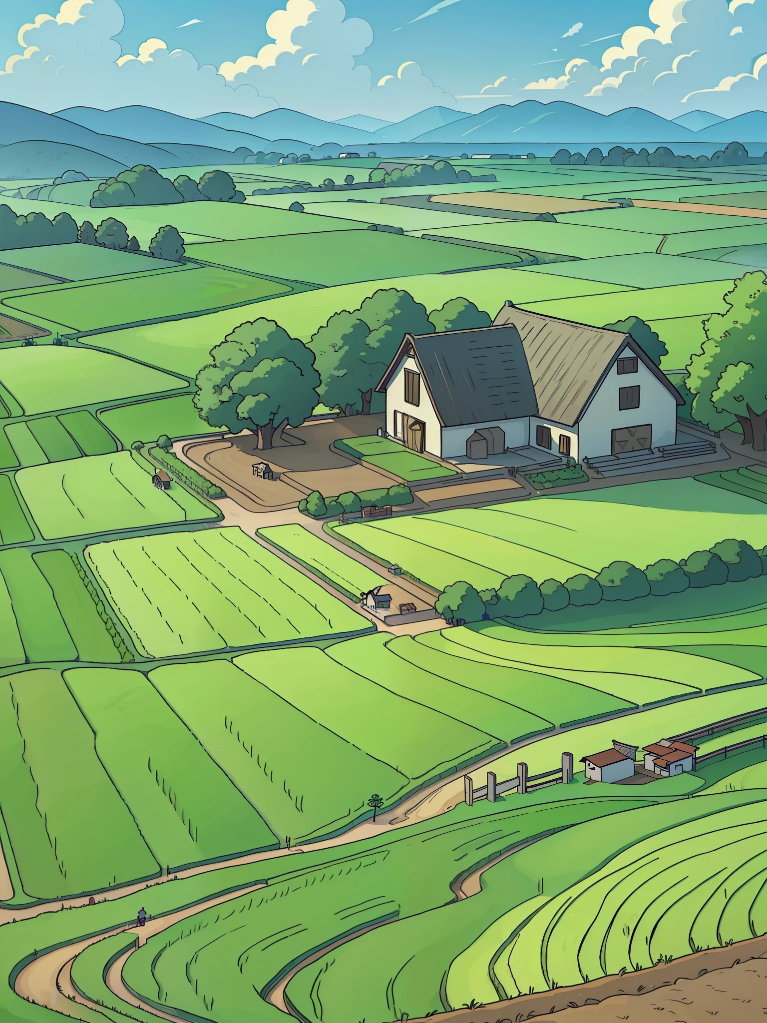 A farm, agricultural, rice fields, medival fantasy,no people in scene
