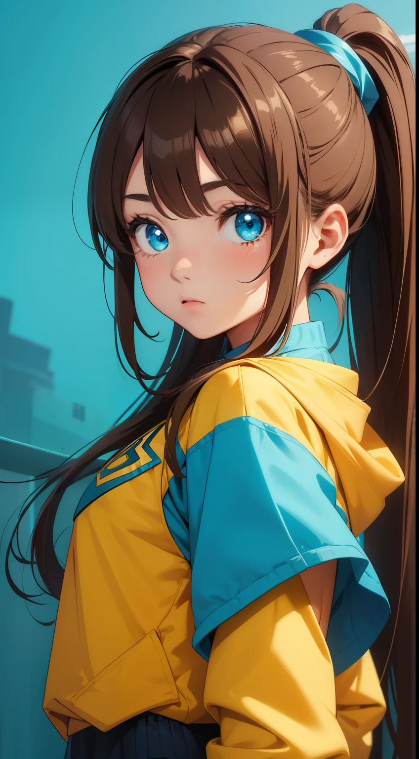 young girl, Long brown hair, high ponytail, Cyan eyes, Blue and yellow superhero uniform, Masterpiece, hiquality