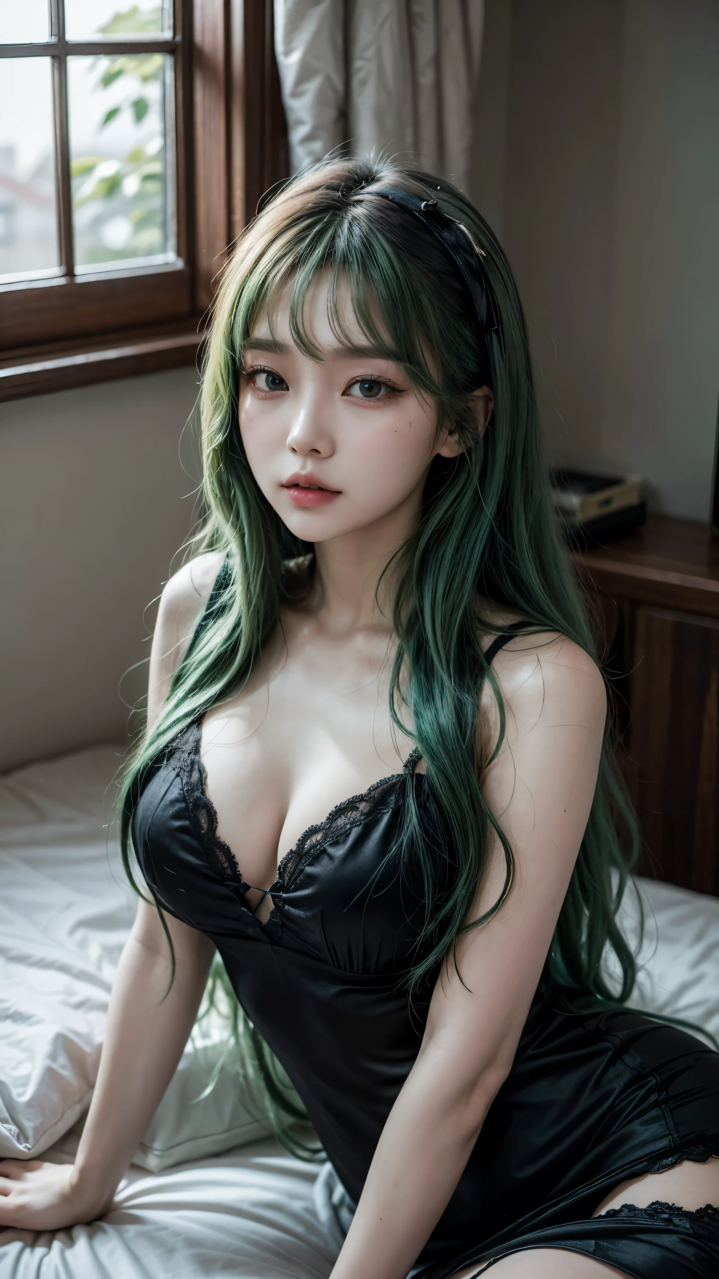 arafed woman with green hair laying on a bed next to a window, korean girl, cruel korean goth girl, korean woman, with long hair, jaeyeon nam, gorgeous young korean woman, portrait of female korean idol, portrait of jossi of blackpink, asian girl with long hair, jiyun chae, korean artist, she is wearing a black dress