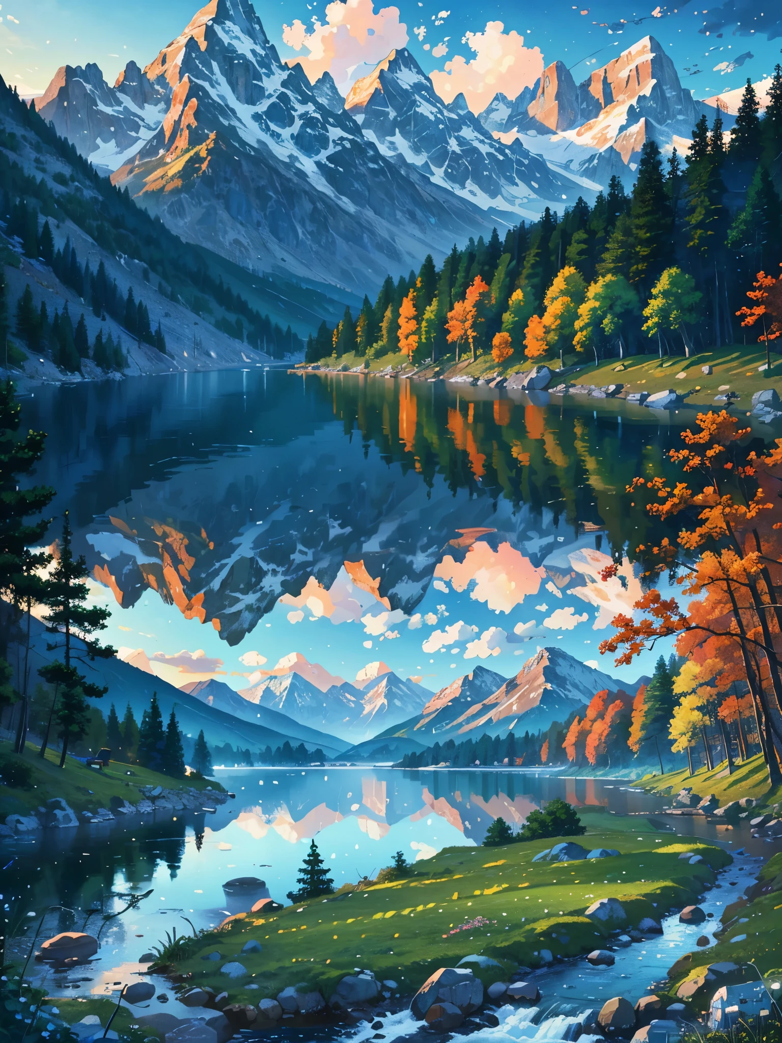 painting of a cabin in the mountains with a lake and mountains in the background, detailed painting 4 k, 4k highly detailed digital art, beautiful art uhd 4 k, mountains river trees, 4k detailed digital art, detailed scenery —width 672, highly detailed digital painting, scenery art detailed, ross tran. scenic background, 8k high quality detailed art