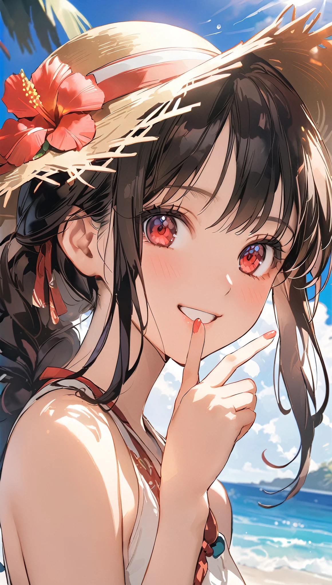 (masterpiece, highest_quality), very be familiar with cg unity 8k wallpaper, wonderful_Are you okay_figure, BREAK 1girl, long black hair wearing a straw hat, small breasts, (shy smile), red eyes, anime style 4k, beautiful anime portrait, anime moe art style, anime art wallpaper 4k, High quality anime art style, anime style portrait, be familiar with digital anime art, anime art wallpaper 8k, cute anime girl portrait, Hawaii background, blue sea, palm trees, sunlight, whole body, BREAK depth of field, perfect hands, nice fingers, 5_finger, 4_finger,1_thumb,