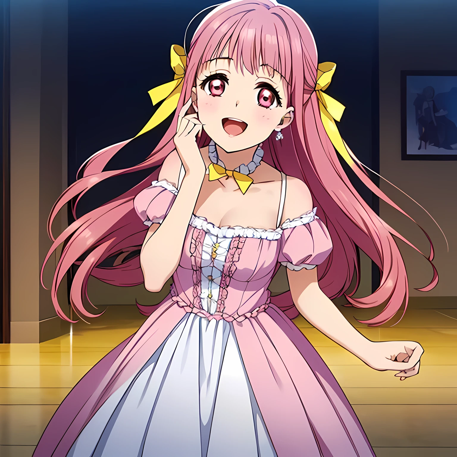 highest quality, (masterpiece:1.2), Very detailed, ((Very beautiful girls are calling the audience in the music room)), (()), (((Beautiful long, very shiny peach-colored hair))), She has a big yellow ribbon in her hair., ((Deep pink Victorian dress)), puffed sleeves, (((laughing at me!))), ((((Very beautiful and shining deep pink eyes)))), ((Very long eyelashes)), Big yellow ribbon bowtie, ((An elegant and gentle expression like a noble princess)), ((Laughing with mouth open)), ((The white light illuminates her face, her beautiful expression and her beautiful hair.)), ((slender)), Very good posture, Shot from above