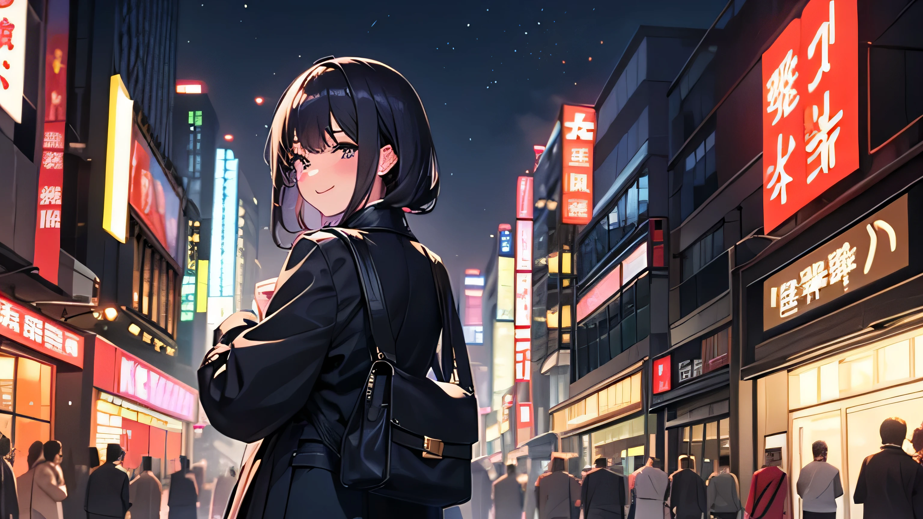 Young beautiful girl。In the city streets at night。high school student。In uniform。A view from behind, but looking back at us with a smile。Japanese anime style。