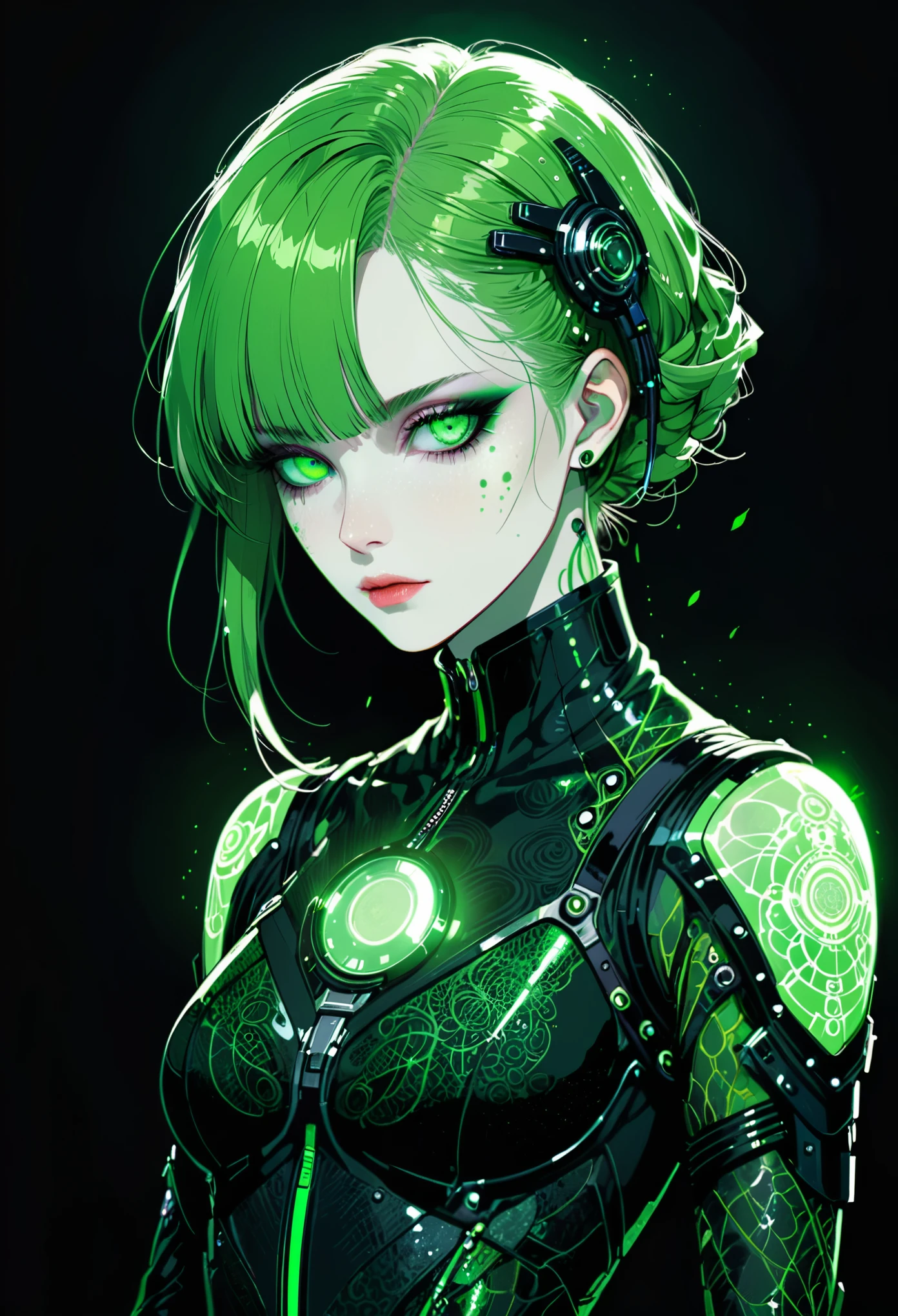 (in style of Harry Clarke:0.8),Character concept design,Cyberpunk style female character,Details: glowing lawngreen eyes,Textured Skin,