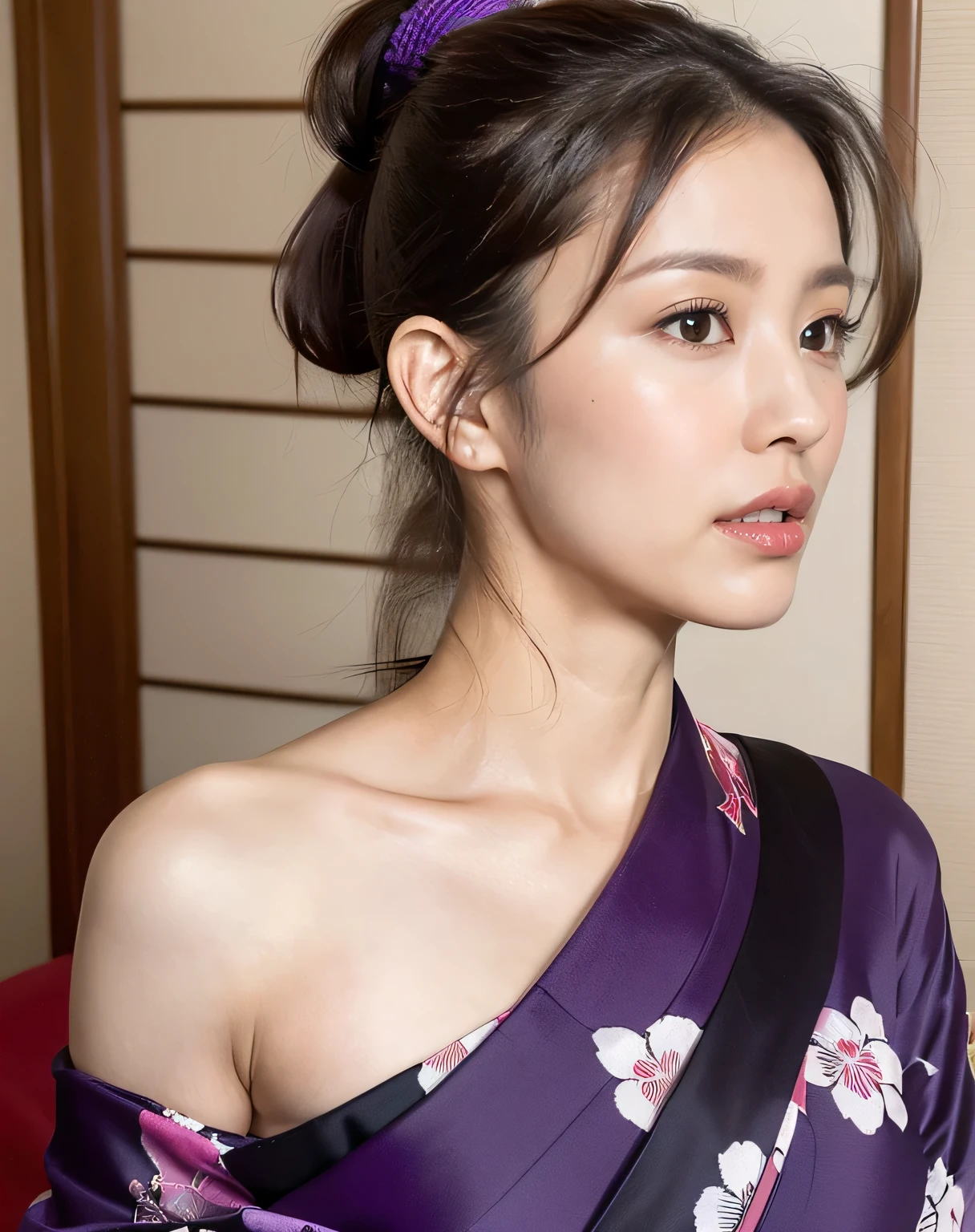 (kimono, Webbing, Complex red purple:1.4),
((highest quality, 8k, masterpiece: 1.3)), Perfect body beauty: 1.4, (Breast A cup:1.2), Small breasts, Round shaped breasts, Perfectly shaped breasts, Highly detailed face, Beautiful woman, (Dark brown shortcuts), Slim face, Highly detailed face and skin texture, Highly detailed lips, (Realistic:1.4),

((30 years old, Sexy beautiful wife:1.2)),

((Lay a red futon in a Japanese-style room, Sit on the futon with your legs stretched out, Take off your kimono, Hold your crotch with your hands:1.2)),((Sexy atmosphere, Gaze seducing a man, hold out your lips, A sigh escapes)),

((Dark room, Lantern:1.2)), 
((Squint your eyes)), 
((purse your lips:1.2)),
((Blushing:1.2)),
((Open your mouth a little to show your white teeth)), 
((Breast enlargement,Flat Chest:1.2)),

Narrow shoulders, Long, slender legs, Thin waist, 
Ultra-detailed skin, Glossy Skin, Ultra detailed face, Ultra detailed breasts, 
Ultra-detailed eyes, Slit eyes, Brown eyes, double eyelid, Beautiful thin eyebrows, Thin, long eyelashes, 
Ultra-detailed lips, Fuller lips, Glossy pink lips, Flushed Cheeks, White teeth, 
Beautiful actress&#39;s languid make-up, Pink lipstick, Smoky eyeshadow, Eye foundation, 
Dark brown hair, Delicate and soft hair, Hair blowing in the wind, 
(Elegantly putting your hair up, short hair, ponytail:1.5), Layered Cut, (Blunt bangs:1.2),
