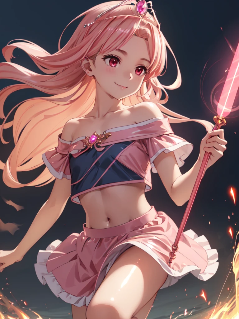 masterpiece, best quality, ultra detailed, highres, extremely detailed CG unity 8k wallpaper, perfect lighting, very detailed background, Outdoor、beautiful and aesthetic,sharp focus, perfect face, Perfect hands、Perfect Fingers、Perfect toes、Five fingers、
1lady、 smiling、
Short blonde, large red eyes、delicate oval face、(flat chest:1.5)、Looking up at the viewer、
(pink maid outfit:1.1)、(off shoulder:1.3)、(midriff peek:1.5)、
(Wizard holding glowing wand:1.5)、(Shiny Tiara:1.5)
Ambient light、Volumetric Light、shoot from side、(Glowing Skin:1.8)