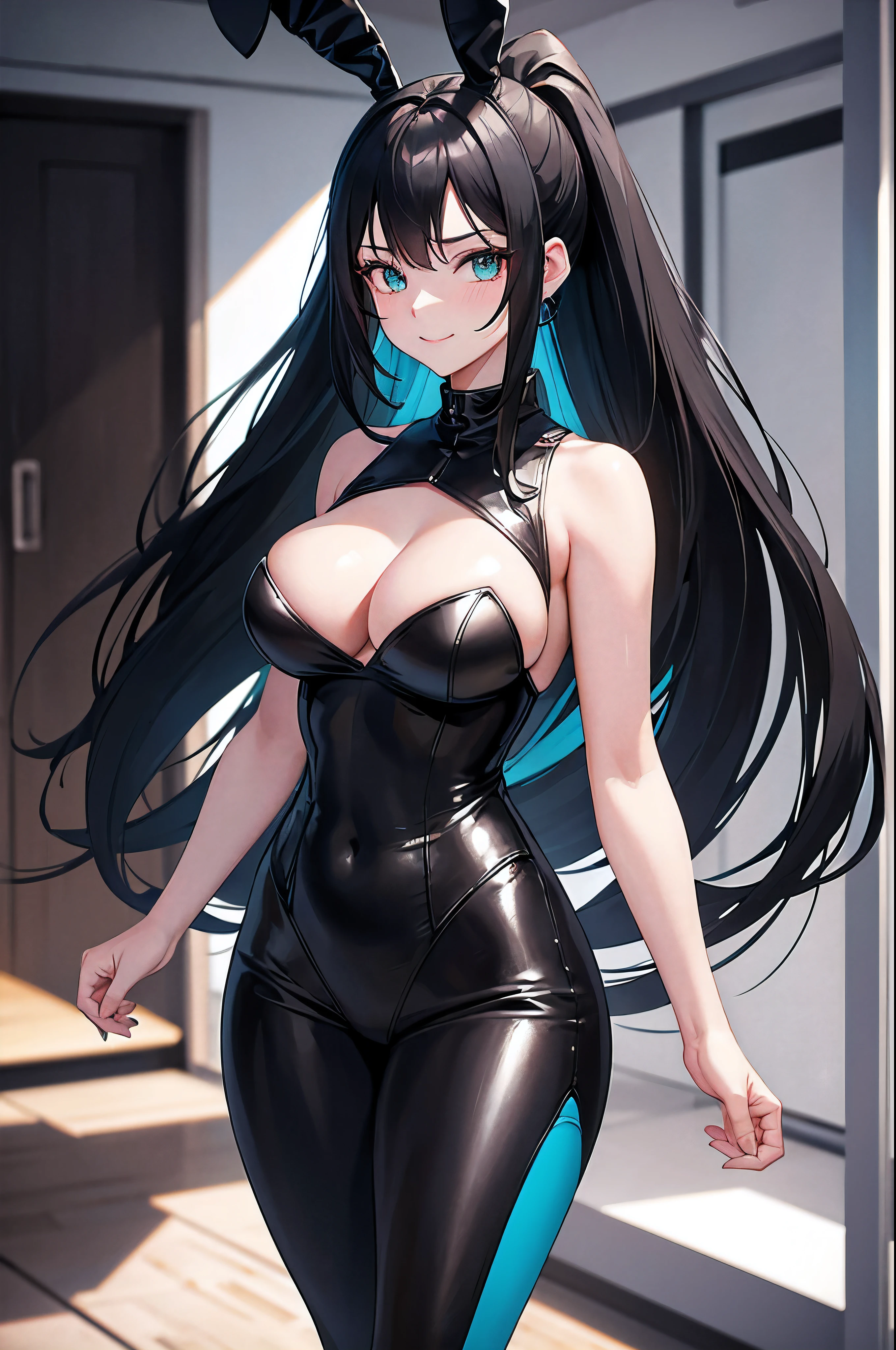 Adult woman, Long black hair, high ponytail, bunny ears, turquoise eyes, black skintight clothes, ssmile, Masterpiece, hiquality wide hips ,cowboy shot , large breasts , sexy