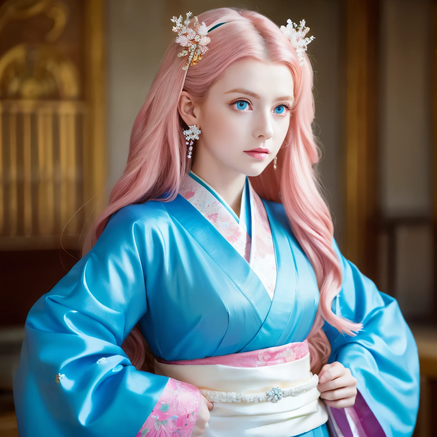 masterpiece, highest quality,Lux BK, One girl, alone, Long Hair, Pink Hair, very Long Hair, blue eyes, hair ornaments, kimono, Removable sleeves