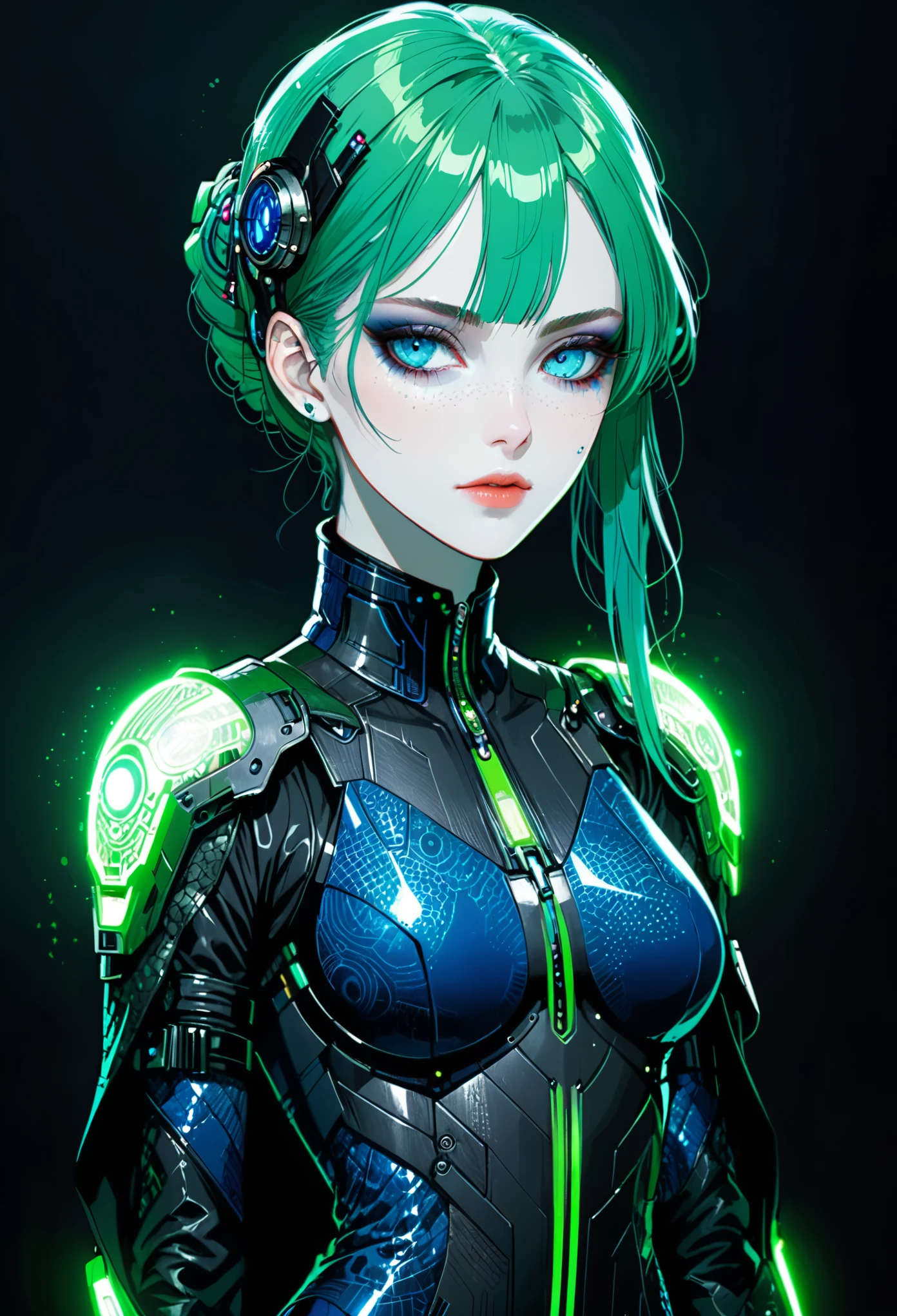 (in style of Harry Clarke:0.8),Character concept design,Cyberpunk style female character，Details: glowing dodgerblue eyes，Textured Skin，lawngreen Gorgeous Clothing