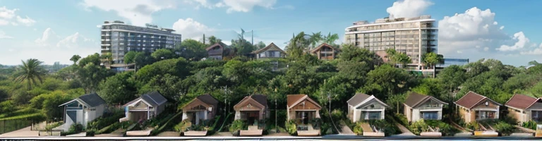 An abstract, artistic rendering of a socially-conscious, eco-friendly city. Colorful, single-story houses are surrounded by lush vegetation and natural elements, with a focus on integrating housing, health, and education for a thriving community. the buildings in the image must only be single-story houses.