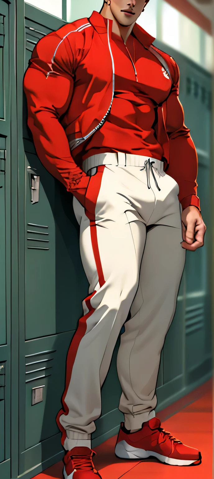 (masterpiece, best quality ), 1man, muscular, short hair, brown eyes, intricate, (locker room) , full body, white baseball uniform, open red jacket, vivid colors,(depth of field:1.2),(abs),blush, looking at viewer, on floor, spread legs,