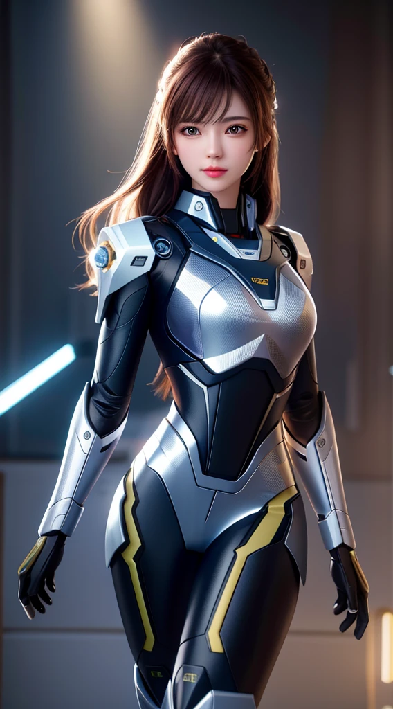 best quality, masterpiece, high resolution, 1 Girl, Mecha suit, Pretty Face, Above_Body, Tyndall effect, Practical, Dark Studio, Side lighting, Two-color lighting, (High Detail Skin: 1.2), 8K Ultra HD, DSLR camera, soft light, high quality, Volumetric Lighting, frank, photo, high resolution, 4K, 8k, Bokeh