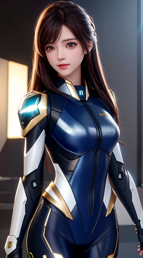 best quality, masterpiece, high resolution, 1 Girl, Mecha suit, Pretty Face, Above_Body, Tyndall effect, Practical, Dark Studio, Side lighting, Two-color lighting, (High Detail Skin: 1.2), 8K Ultra HD, DSLR camera, soft light, high quality, Volumetric Lighting, frank, photo, high resolution, 4K, 8k, Bokeh