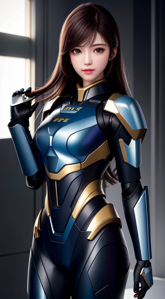 best quality, masterpiece, high resolution, 1 Girl, Mecha suit, Pretty Face, Above_Body, Tyndall effect, Practical, Dark Studio, Side lighting, Two-color lighting, (High Detail Skin: 1.2), 8K Ultra HD, DSLR camera, soft light, high quality, Volumetric Lighting, frank, photo, high resolution, 4K, 8k, Bokeh