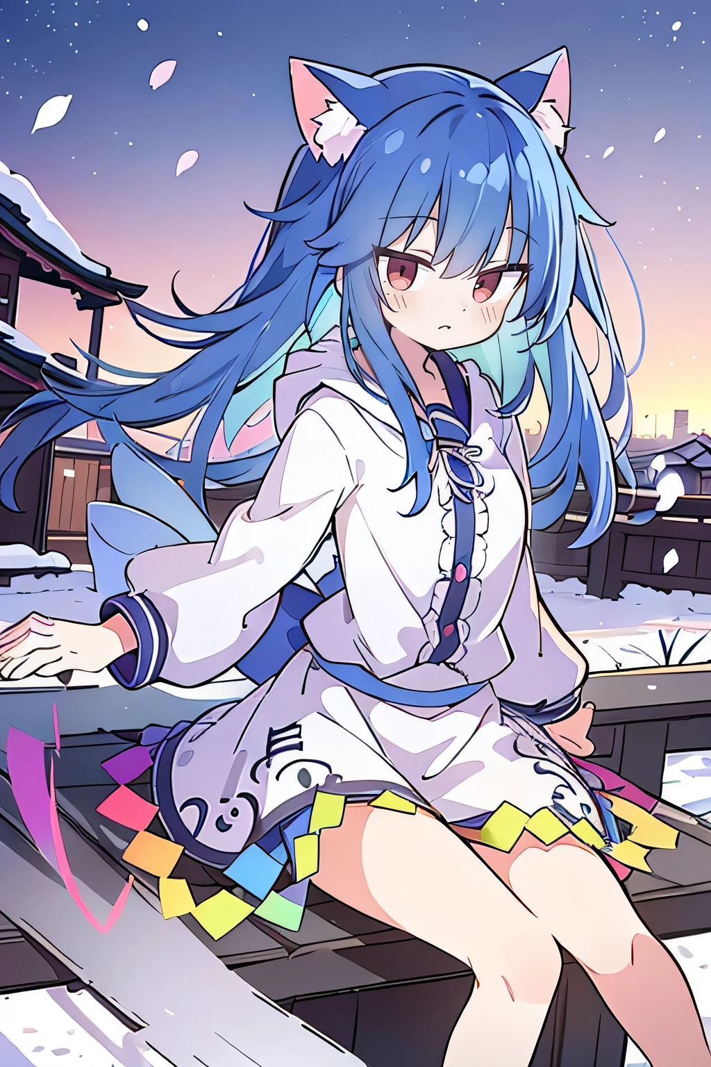 （masterpiece：1.2），Super detailed，lifelike，Expressive eyes，fair skin，perfect face shape，1 girl，
Japanese comics,Gorgeous blue hair,flowing blue hair,flowing clothes,Cat ears,Petals fall,beautiful lola,Baby Angel,sunrise,
Shaking head with one hand，Cross your legs，Gentle and peaceful background，The pavilion is cool and comfortable,smile, wearing hoodie, background of tokyo,back views,snowing, winter.