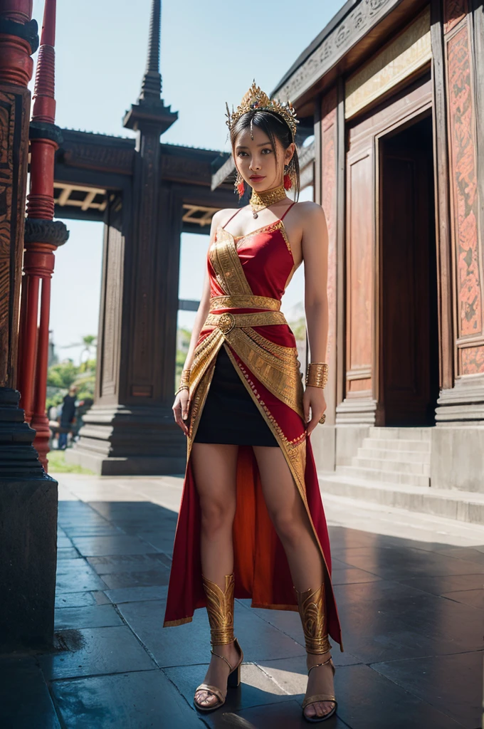 A girl wearing an Indonesian-style futuristic outfit,It embodies cultural integration and modern fashion. The suit is decorated with intricate patterns and bright colors, Showcasing Indonesia’s rich cultural heritage. The girl stood confidently,Strike a dynamic pose, Her meticulous eyes reflect determination and curiosity. The material of this suit is a combination of traditional textiles and future synthetic fibers, Giving it a unique and edgy look. Overall image quality is of the highest standard, Sharp focus,Detail rendering. This artwork uses physically based rendering techniques, Produces realistic lighting and shadows. Bright colors, Capturing the essence of Indonesian cultural aesthetics. The background combines modern architecture and traditional elements, Creating a fusion of the past and the future. The theme explores the intersection of Indonesian culture, Futuristic design, And the artistic image of a confident girl.