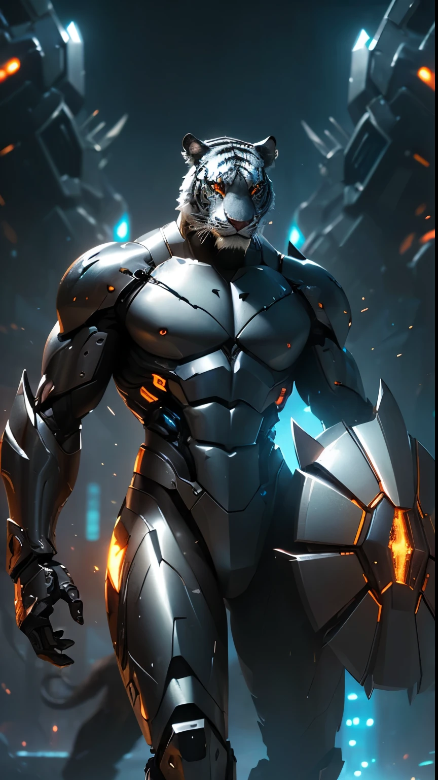 (best quality,ultra-detailed,realistic:1.37),mecha tiger,mechanical beast,ferocious predator,human interaction,majestic fur details,advanced technology,glowing eyes,metallic body movements,sci-fi concept art,action-packed scene,intense lighting,brilliant color scheme,sharp focus,3D rendering,hyperrealistic texture,destructive power,awe-inspiring landscape.