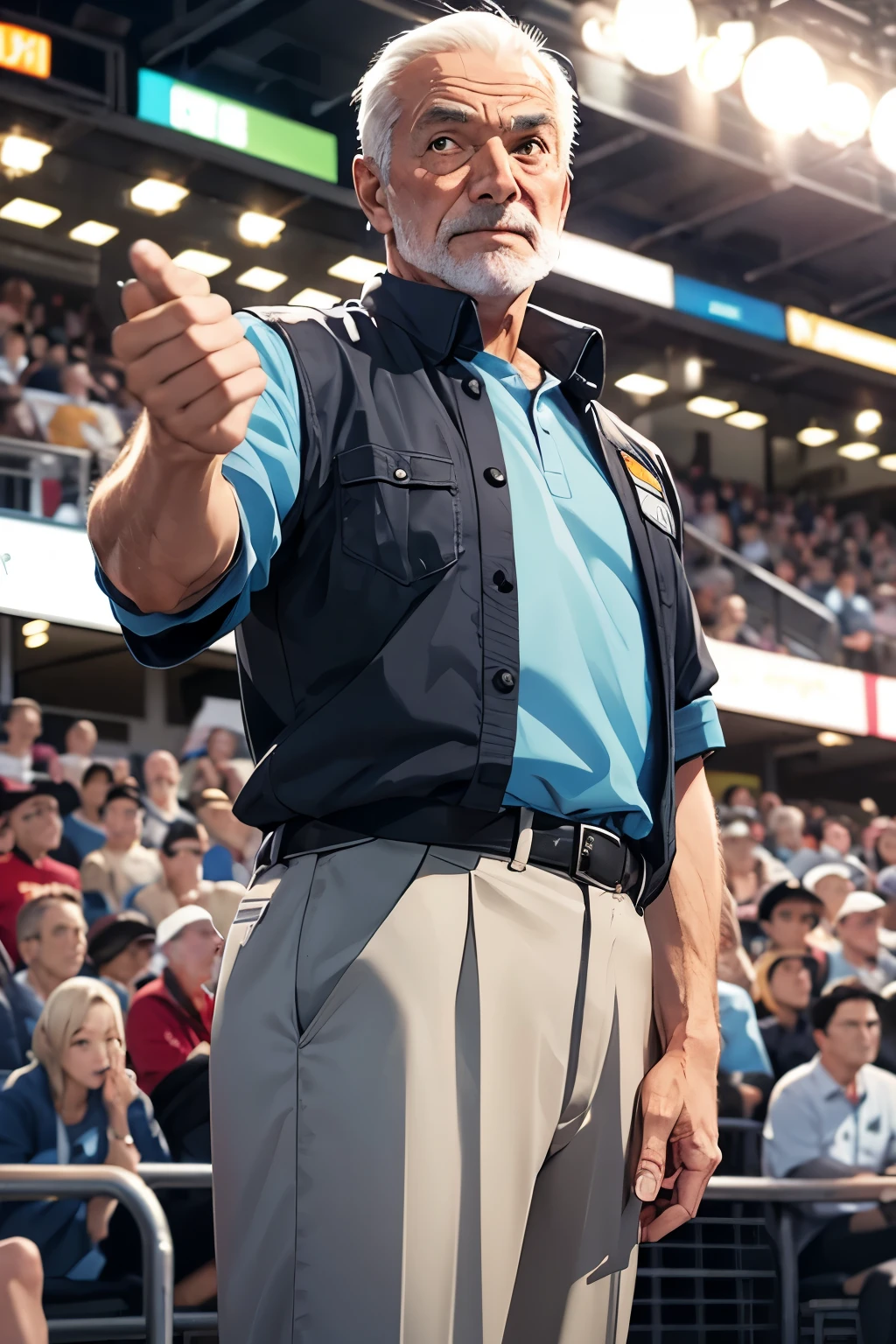 the old guy asking the crowd while showing them the moeny.