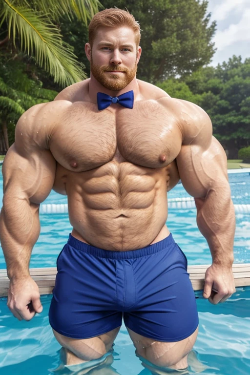 (1boy), (soft smile), tan skin, (muscular:1.7), (defined muscles:1.5), (beautiful:1.5), (handsome:1.4), (gorgeous:1.3), (ginger:1.3), flexed chest, white jockstrap, bowtie, (good face:1.5), (male model:1.3), beefy, bulky, matured man with a beard, rugged, hairy, strained muscles, Big muscular man with blue eyes and extremely defined vascular muscles, perfect six pack, (big package bulge:1.5), (hung:1.9), lean but ripped, big daddy, park background, naturalistic body, crossing arms, laying on deck chair, (tiny swimming trousers:1.4)