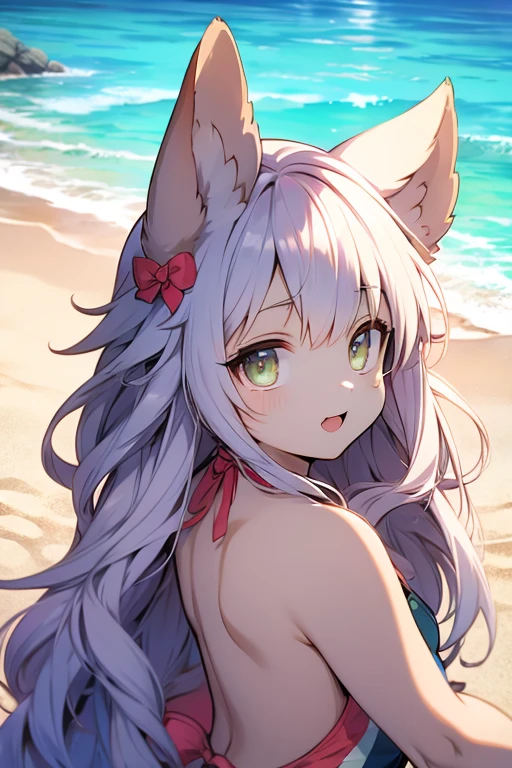 best quality,best resolution,(fluffy anthro furry :1.6),(young :1.6),white cat girl,pink hair,long hair,wavy hair,white fur,purple eyes,glistering eyes,sparkle eyes,small breasts,white bikini with pink striped print,round necklace,beautiful beach,sunset,evening,(orange sky),(orange light),looking at viewer,full face blush,happy face,smile,heart eyes,heart exoression eyes,upper body only