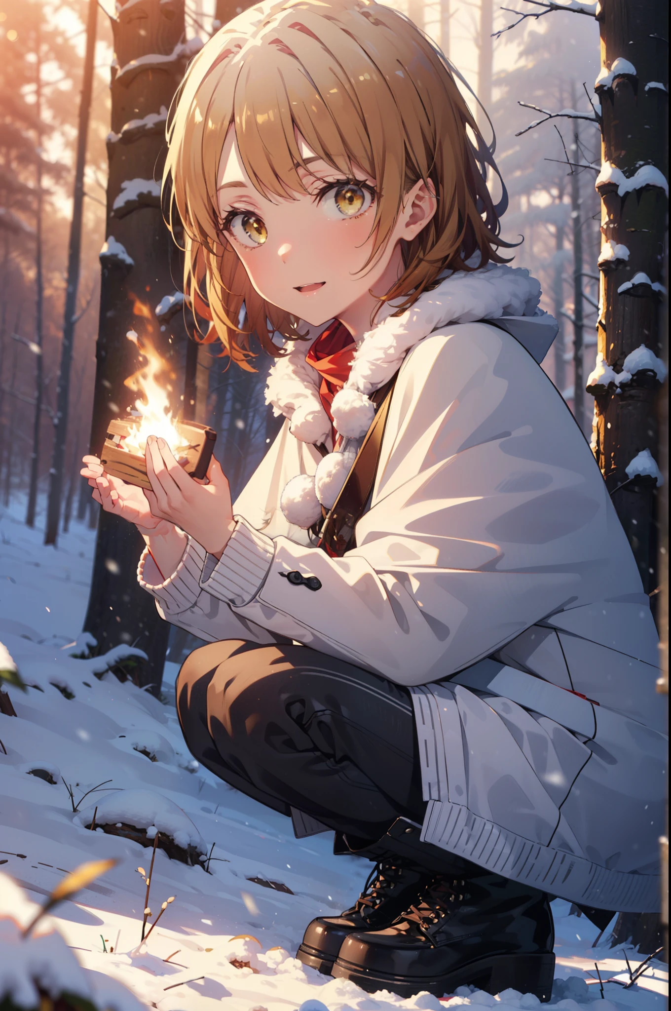 irohaisshiki, Iroha Isshiki, short hair, Brown Hair, (Brown eyes:1.5), smile,
Open your mouth,snow, Ground bonfire, Outdoor, boots, snowing, From the side, wood, suitcase, Cape, Blurred, forest, nature, Brown eyes, Red Handbag, Squat, Mouth closed, Cape, winter, Written boundary depth, Black shoes, red Cape break looking at viewer, Upper Body, whole body, break Outdoor, forest, nature, break (masterpiece:1.2), highest quality, High resolution, unity 8k wallpaper, (shape:0.8), (Beautiful and beautiful eyes:1.6), Highly detailed face, Perfect lighting, Extremely detailed CG, (Perfect hands, Perfect Anatomy),