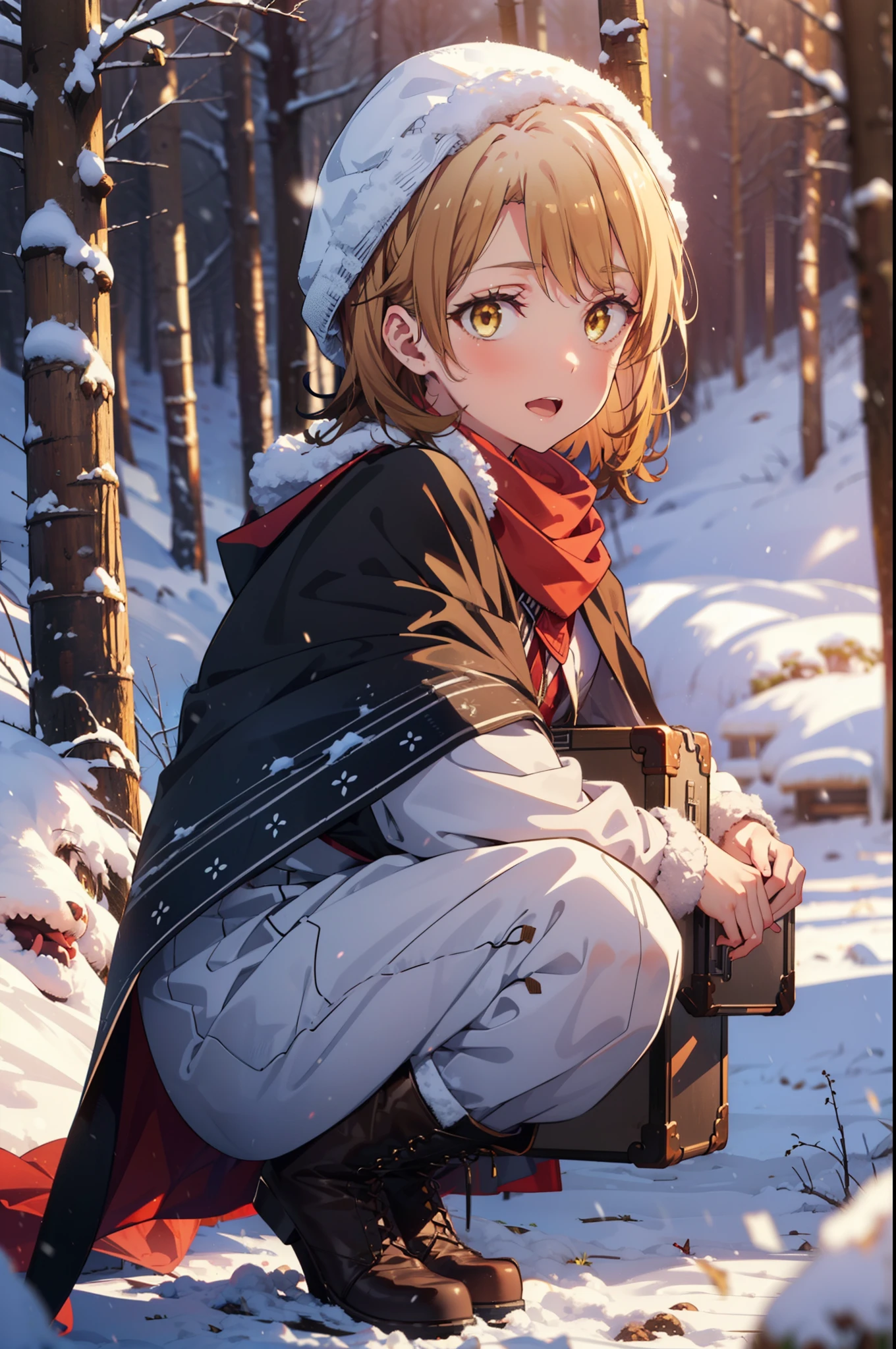 irohaisshiki, Iroha Isshiki, short hair, Brown Hair, (Brown eyes:1.5), smile,
Open your mouth,snow, Ground bonfire, Outdoor, boots, snowing, From the side, wood, suitcase, Cape, Blurred, forest, nature, Brown eyes, Red Handbag, Squat, Mouth closed, Cape, winter, Written boundary depth, Black shoes, red Cape break looking at viewer, Upper Body, whole body, break Outdoor, forest, nature, break (masterpiece:1.2), highest quality, High resolution, unity 8k wallpaper, (shape:0.8), (Beautiful and beautiful eyes:1.6), Highly detailed face, Perfect lighting, Extremely detailed CG, (Perfect hands, Perfect Anatomy),