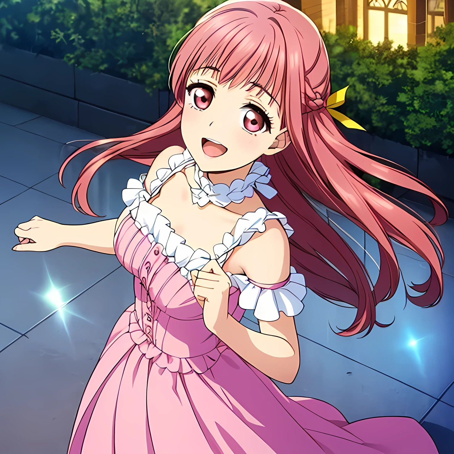 highest quality, (masterpiece:1.2), Very detailed, ((Very beautiful girls turn around and look at the viewer)), ((16 years old)), (((Beautiful long, very shiny peach-colored hair))), She has a big yellow ribbon in her hair., ((Deep pink Victorian dress)), puffed sleeves, (((laughing at me!))), ((((Very beautiful and shining deep pink eyes)))), ((Very long eyelashes)), large yellow ribbon on the chest, ((An elegant and gentle expression like a noble princess)), ((Laughing with mouth open)), ((The white light illuminates her face, her beautiful expression and her beautiful hair.)), ((slender)), Very good posture, Shot from above
