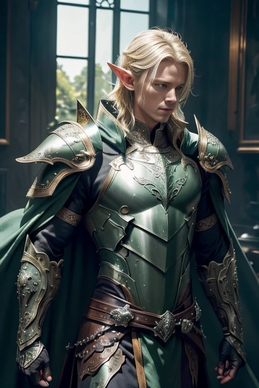 (master piece:1.5), (best quality:1.5), (exquisite lighting and shadow, highly dramatic picture, cinematic lens effect) (Photorealistic picture) highly detailed, realistic, cinematic lighting, studio quality, 8k, wallpaper, dynamic pose, anatomy correct, epic fantasy digital art, Epic composition, full body yellow hair pale Male elf swordsman wearing a brown leather armor, green intricate elaborated plate chest with silver leaf accents small shoulder green armor with silver leaf ornaments, brown leather gauntlets, no helmet, long brown cape, white castle at the distance