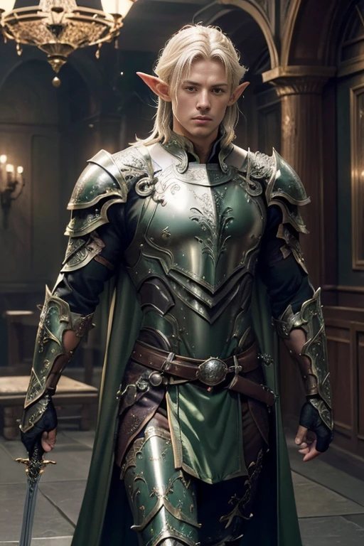 (master piece:1.5), (best quality:1.5), (exquisite lighting and shadow, highly dramatic picture, cinematic lens effect) (Photorealistic picture) highly detailed, realistic, cinematic lighting, studio quality, 8k, wallpaper, dynamic pose, anatomy correct, epic fantasy digital art, Epic composition, full body yellow hair pale Male elf swordsman wearing a brown leather armor, green intricate elaborated plate chest with silver leaf accents small shoulder green armor with silver leaf ornaments, brown leather gauntlets, no helmet, long brown cape, white castle at the distance