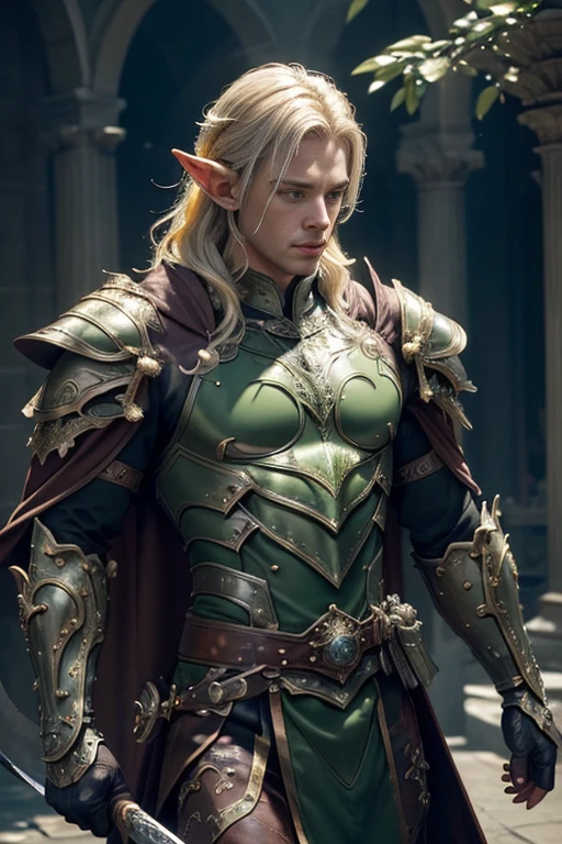 (master piece:1.5), (best quality:1.5), (exquisite lighting and shadow, highly dramatic picture, cinematic lens effect) (Photorealistic picture) highly detailed, realistic, cinematic lighting, studio quality, 8k, wallpaper, dynamic pose, anatomy correct, epic fantasy digital art, Epic composition, full body yellow hair pale Male elf swordsman wearing a brown leather armor, green intricate elaborated plate chest with silver leaf accents small shoulder green armor with silver leaf ornaments, brown leather gauntlets, no helmet, long brown cape, white castle at the distance