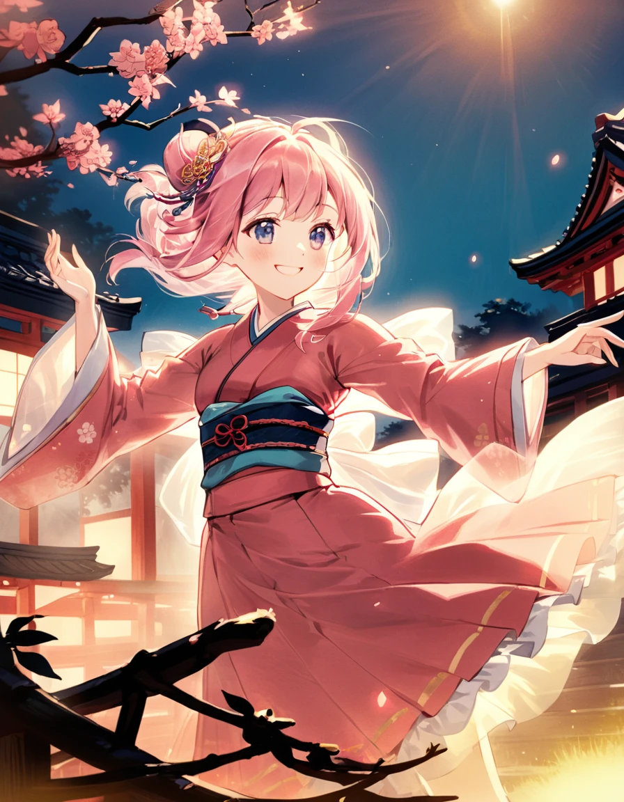 Edo period, old Japan, Dufaycolor photograph. Vintage color palette, distinctive color rendering, soft and dreamy atmosphere, historical charm, unique color process, grainy texture, evocative mood, nostalgic aesthetic, hand-tinted appearance, artistic patina. kawaii, cute, pink, stunning art, close up face, smile, The yokai Furi-Furi Obake is adorned in fluttering, frilly garments, floating softly in the air. Its form is as graceful as if performing a light dance, playfully swaying the air around it. This spirit captivates people with its mysterious allure, adding color to the darkness of the night, in-depth study of perfection, created by a master. best quality, high resolution