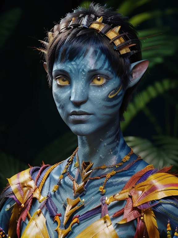 avatar style, (face portrait:1.6), naavi, 1girl, female, (yellow eyes), (big eyes), ((eyebrowless)), pointy ears, (navy blue skin tone:1.0), (straight hair:1.0), brown hair color, ((pixie cut hair)), (young adult), 18 years old, face wrinkles, ((wearing colorful tribal clothing)), (wearing tribal acessories), detailed eyes, toned body, muscled body, vibrant colors, glowing, ethereal atmosphere, surrealistic dreamy lighting, textured skin, otherworldly beauty, mesmerizing photography, (best quality, highres), vivid colors, ultrarealistic, skin details, striped skin, sfw, face close-up:0.5, ultradetailed body, ((blue skin)), dark background, night time