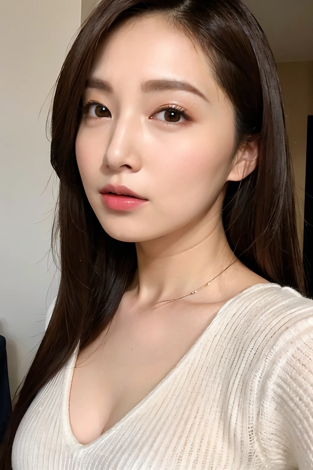 masterpiece, highest quality, Realistic, (One Mature Woman), Upper body shot from the waist up, Beautiful medium length hair, Symmetrical hair length, V-neck light knit shirt, Cleavage, ((View your viewers)), (from the front), (Thick lips), sexy, Please open your mouth a little