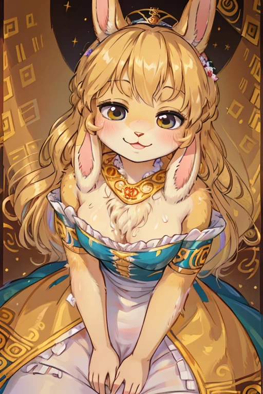 (Gustav Klimt style:1.3) , hairy bunny mom , (realistic hairy bunny fur:1.5) , round face , (tilt face:1.2) , (half-open eyes:1.5) , moist round eyes , Swollen cheeks , Seduction smile , glossy lips , Curly hair , princess dress , Alice in Wonderland , twilight , Adorable gestures , dynamic angle , nag factor , Gently guide , labyrinth , can not stand it any longer