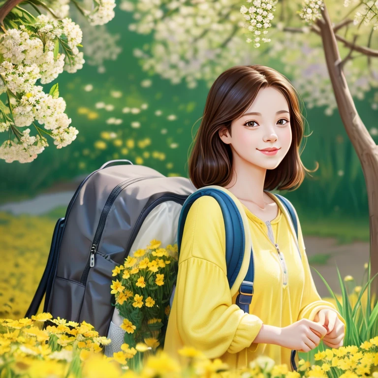 A very charming with a backpack and her cute little dog enjoying a lovely spring outing surrounded by beautiful yellow flowers and nature. The illustration is a high-definition illustration in 4K resolution with highly detailed facial features and cartoon-style visuals.